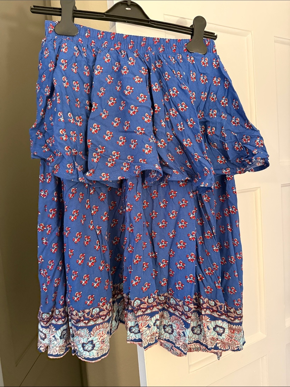 Faithfull the Brand Blue Strapless Floral Tiered Dress